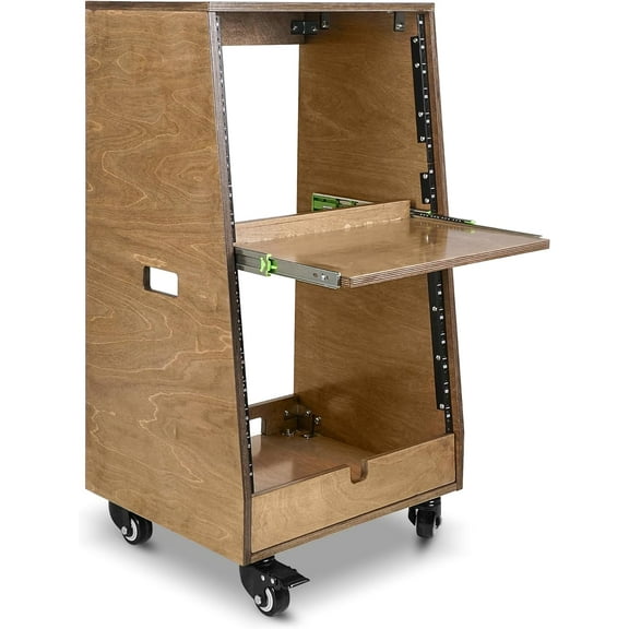 Sound Town DIY Slanted 16U Studio Rack (8U Top + 8U Lower), with 2U Bottom Storage, Slide-Out Tray, Caster, Plywood, Weathered Brown For Recording Room, Home Studio (SDRK-ST16TB)