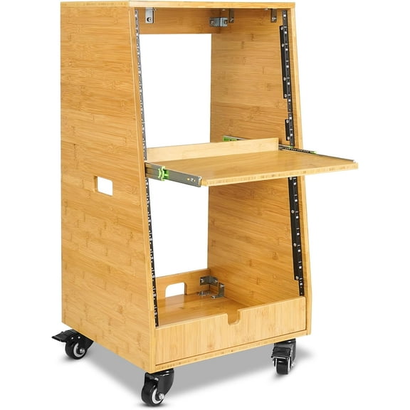 Sound Town DIY Solid Carbonized Bamboo Slanted 16U Studio Rack (8U Top + 8U Lower), with 2U Bottom Storage, Slide-Out Tray, Caster, For Recording Room, Home Studio (STBR-ST16T)