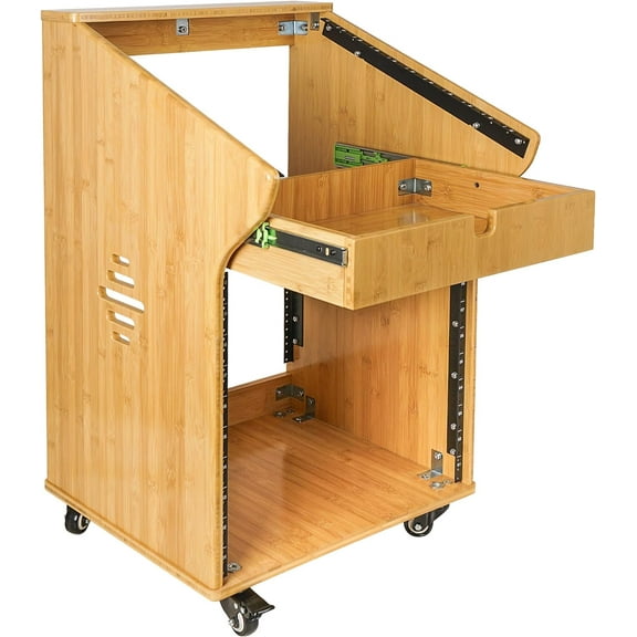 Sound Town DIY Solid Carbonized Bamboo Studio Rack with 11U Slant Mixer Top, 10U Front, 2U Drawer, Rubber Feet, Casters, for Recording Room, PA/DJ Equipment, Home-Audio (STBR-M11X10)