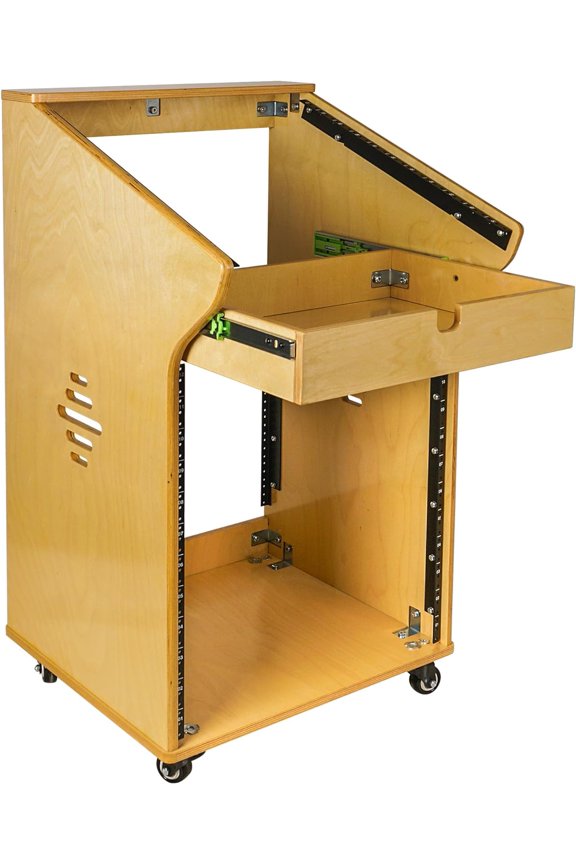 DIY Studio Rack with 11U Slant Mixer Top,12U Front, 2U Drawer, Rubber Feet, Casters, Baltic Plywood, Golden Oak (SDRK-M11X12)