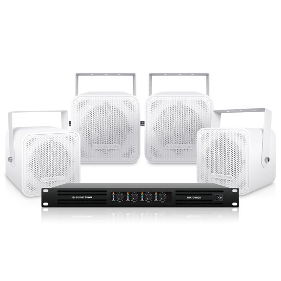 Sound Town Installation Speaker System with 4 x 5 Coaxial White Loudspeakers and 1 x 4-Channel 6000W Peak Output Professional Power Amplifier for Restaurants, Lounges, Bars, Schools, Churches