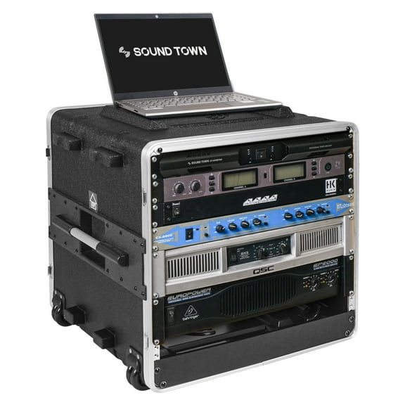 Sound Town Lightweight 10U PA DJ Rack/Flight/Road Case with 9U Rack Space, ABS Construction, 19 Depth, Retractable Handle, Wheels and Heavy-Duty Latches (STRC-A10UT)