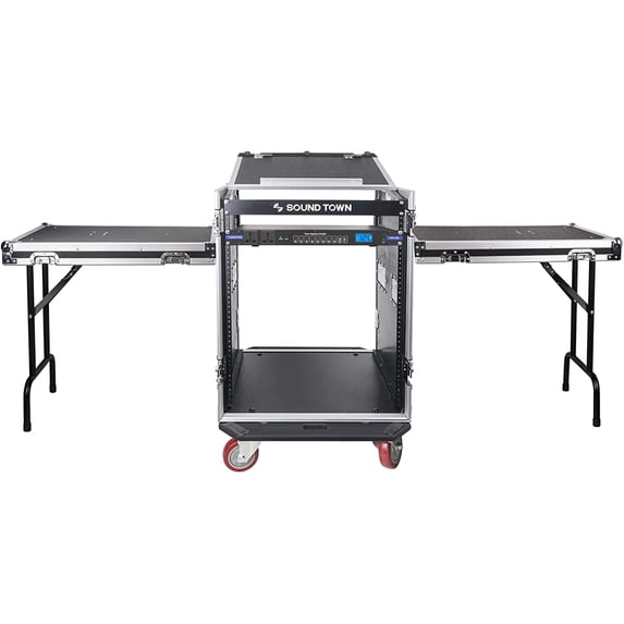 Sound Town PA DJ Combo with 14U Rack/Road ATA Case w/Slant Mixer Top, 2 DJ Tables and Casters, One 10 Outlet AC Power Conditioner/Sequencer (STMR-14T2PS10)