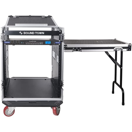Sound Town PA DJ Combo with 14U Rack/Road ATA Case w/Slant Mixer Top, DJ Work Table, One 10 Outlet AC Power Conditioner/Sequencer (STMR-14TPS10)