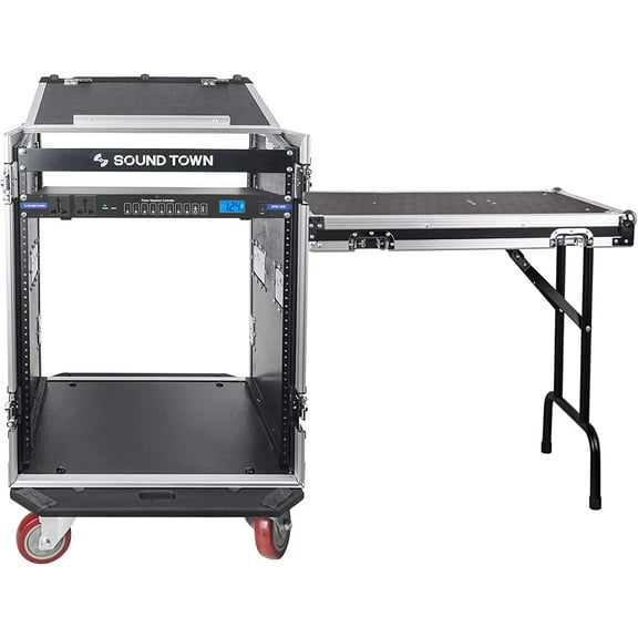 Sound Town PA DJ Combo with 14U Rack/Road ATA Case w/Slant Mixer Top, DJ Work Table, One 10 Outlet AC Power Conditioner/Sequencer (STMR-14TPS10)