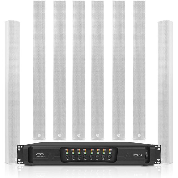 Sound Town PA System with Eight Weatherproof Column Array Speakers and 8-Channel Power Amplifier for Commercial Installations, White (ETI8X8M106W)