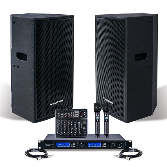 Sound Town Professional PA System with 12" Powered PA speakers, 200-Channel Wireless Microphone System, 12-Channel Audio Mixer and Audio Cables (NESO-CARME112-S1)