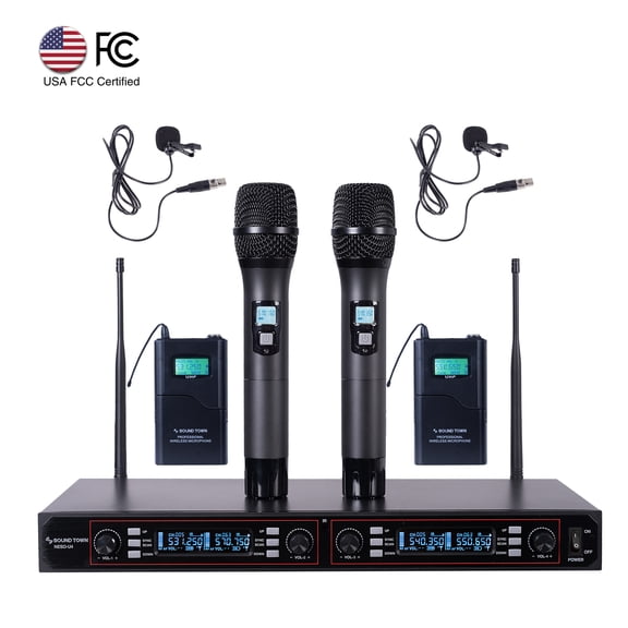 Sound Town Professional UHF Handheld Wireless Microphone System with LED Display, 2 Handheld Mics, 2 Lavalier Mics, 2 Bodypack Transmitters (NESO-U4HL)