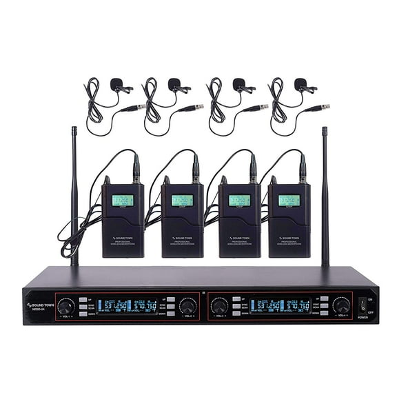 Sound Town Professional UHF Handheld Wireless Microphone System with LED Display, 4 Lavalier Mics, 4 Bodypack Transmitters (NESO-U4LL)