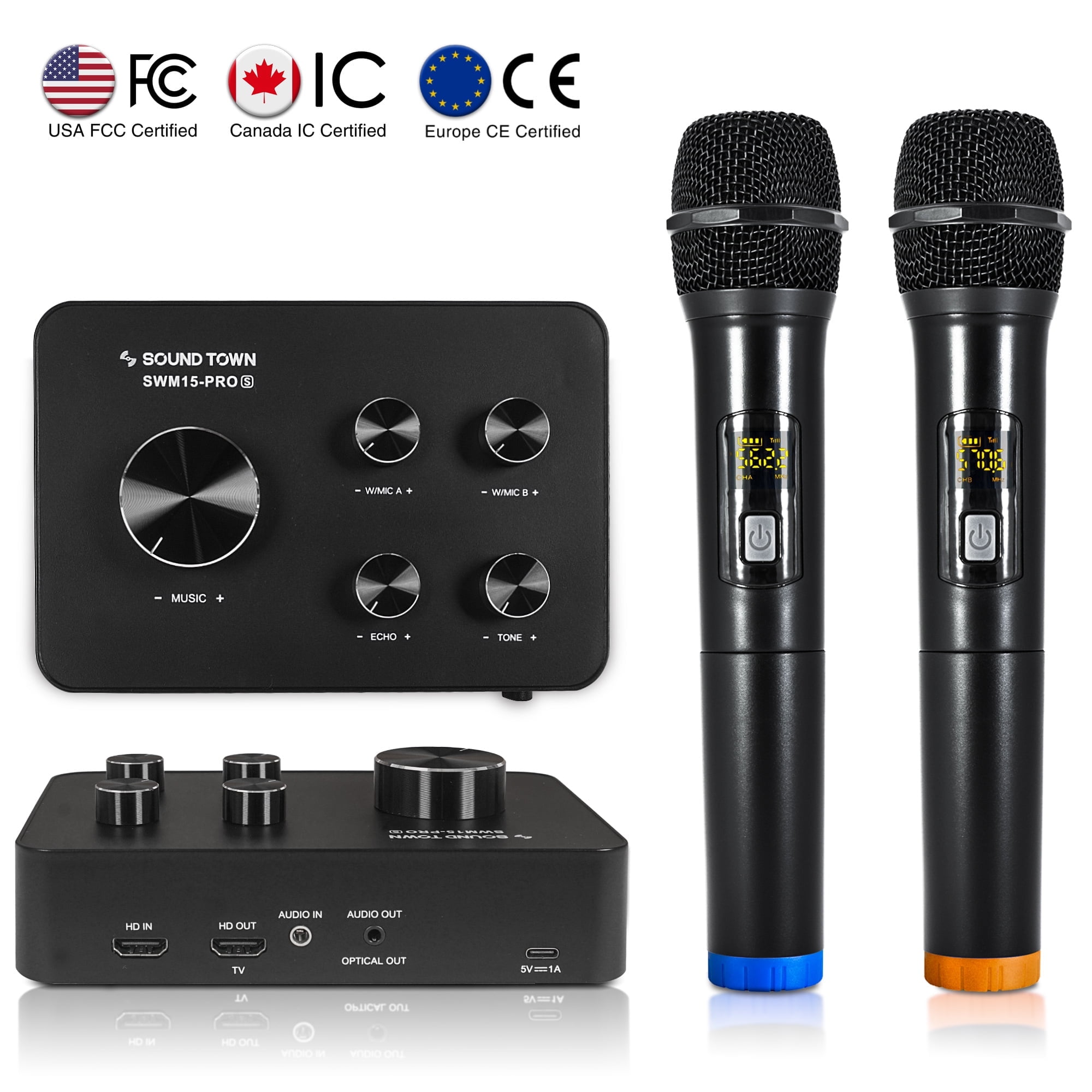 Sound Town SWM15-PROS Wireless Microphone Karaoke Mixer System with Supports HDMI ARC, Optical (Toslink), Smart TV, Media Box, PC, Bluetooth, Soundbar, Receiver, AUX