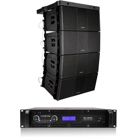 Sound Town ZETHUS Four Dual 10-inch Line Array Speaker and Professional Amplifier System Combo Set, Full Range/Bi-amp Switchable, Black (ZETHUS-210X4A8)