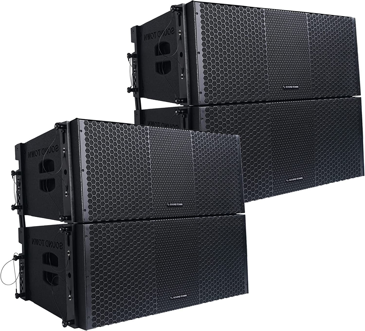 Sound Town ZETHUS Four Dual 10-inch Line Array Speaker System with Dual Titanium Compression Drivers, Full Range/Bi-amp Switchable, Black (ZETHUS-210B-2PAIRS)