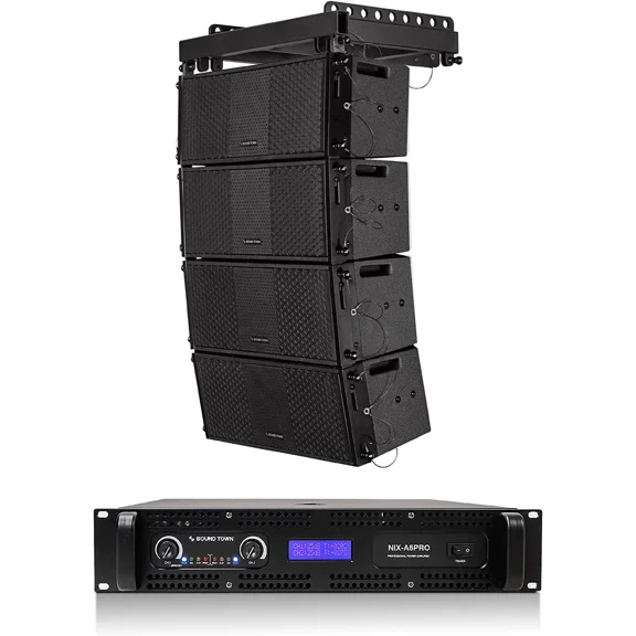 Sound Town ZETHUS Four Dual 8-inch Line Array Speaker and Professional Amplifier System Combo Set, Full Range/Bi-amp Switchable, Black (ZETHUS-208X4A6)