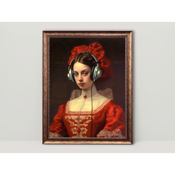 Sound Trippin', Altered Art Woman Portrait, Maximalist Decor, Eclectic Wall Art, Renaissance Alter Art, Baroque Aesthetic, Antique Poster, Unframed Poster Size 8x12