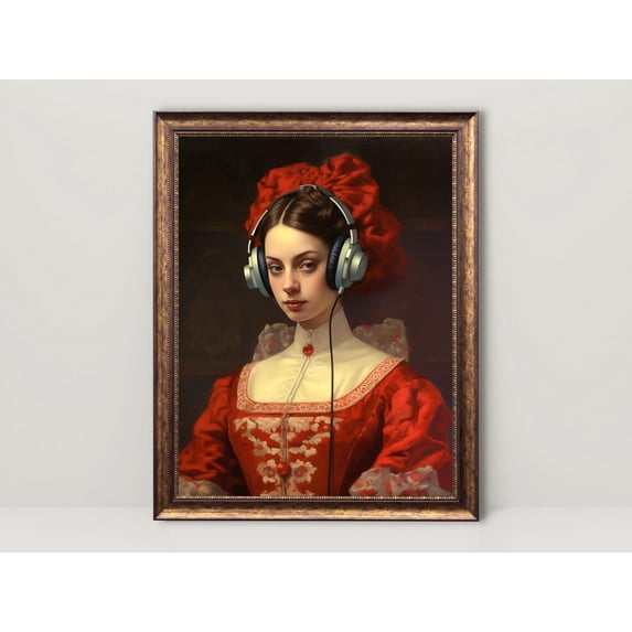 Sound Trippin', Altered Art Woman Portrait, Maximalist Decor, Eclectic Wall Art, Renaissance Alter Art, Baroque Aesthetic, Antique70, Unframed Canvas Size 8x12