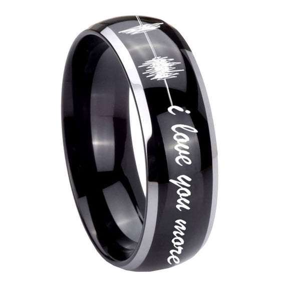 Sound Wave I love you more Dome Glossy Black 2 Tone Tungsten Ring 10MM