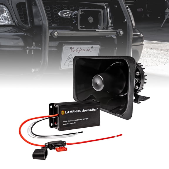 SoundAlert 100W Police Air Horn Amplifier Kit [120 - 130 dB Bullhorn Speaker] [Manual Control or Stock Horn Bybass] [10 A Fuse Protected] Electronic Air Horn for Emergency Vehicles Trucks Cars