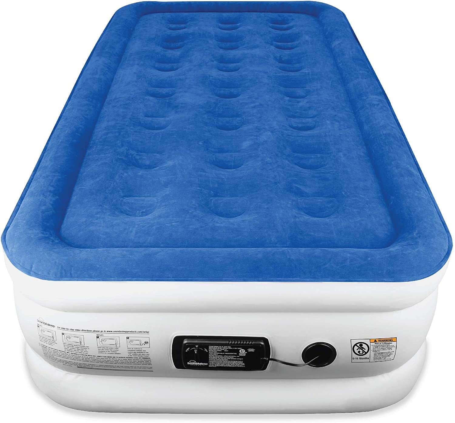 Twin Size Blue and White Raised Air Mattress with Built-In Pump