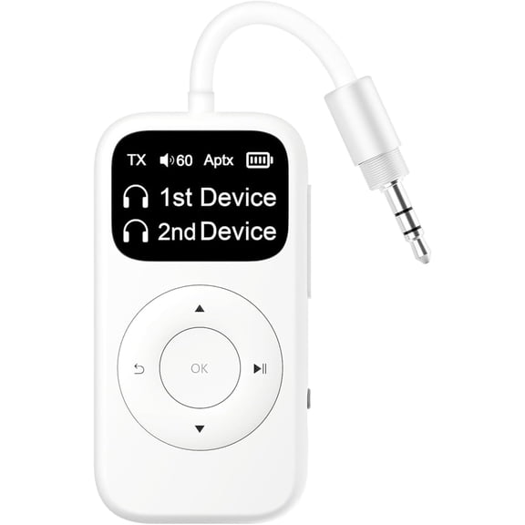 SoundSync   Transmitter & Receiver for Airplane, Easy Setup  Audio Transceiver for 2 BT Devices, Volume Control, RCA for TV