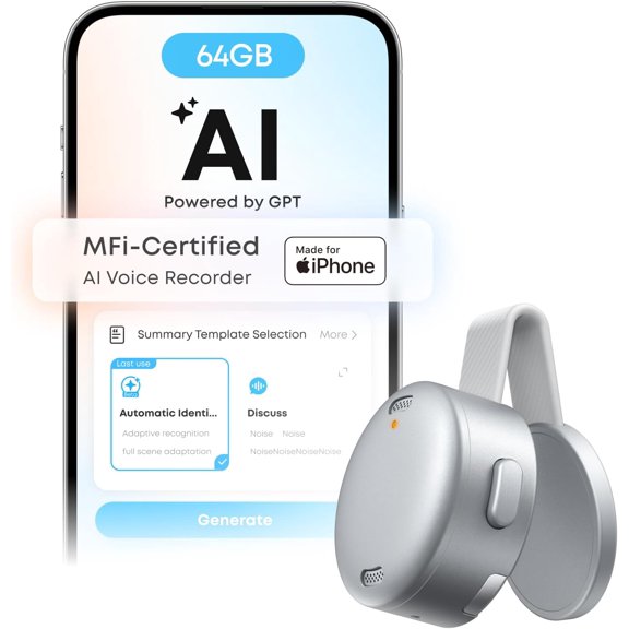 Soundcore Work AI Voice Recorder by Anker, Wearable Note Taker for Meetings, Transcribe and Summarize (300 Mins/Mo Included, Optional App Upgrades), MFi Certified, 64GB, 150+ Languages