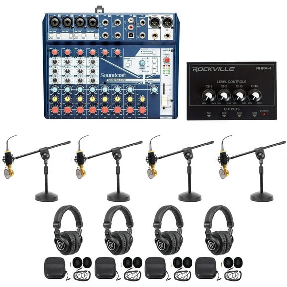 Soundcraft 4-Person Podcast Podcasting Recording Kit Mics+Headphones+Boom Stands