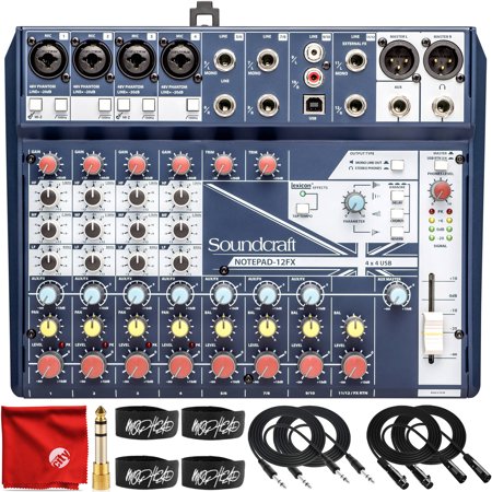 Soundcraft Notepad-12FX Analog Mixer/USB Interface/Lexicon Effects Bundle with 2x Mophead 10-Foot 1/4" TRS Cable, 2x 10-Foot XLR Cable, 1/4" to 3.5mm Adapter, 4x Cable Ties and Microfiber Cloth