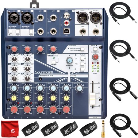 Soundcraft Notepad-8FX Analog Mixer/USB Interface/Lexicon Effects Bundle with 2x Mophead 10-Foot 1/4" TRS Cable, 2x 10-Foot XLR Cable, 1/4" to 3.5mm Adapter, 4x Cable Ties and Microfiber Cloth