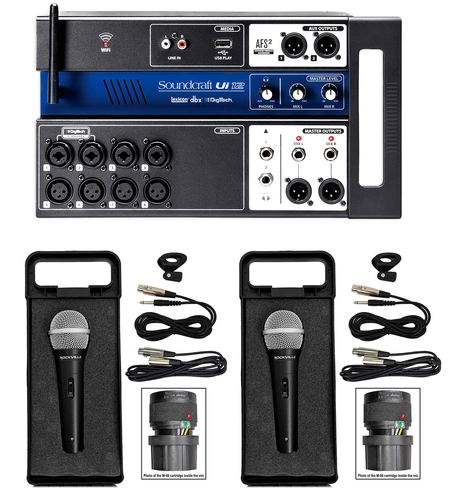 Soundcraft Ui12 12 Input Digital Mixer w/Wifi+App  Control+Recording+Mics+Cables