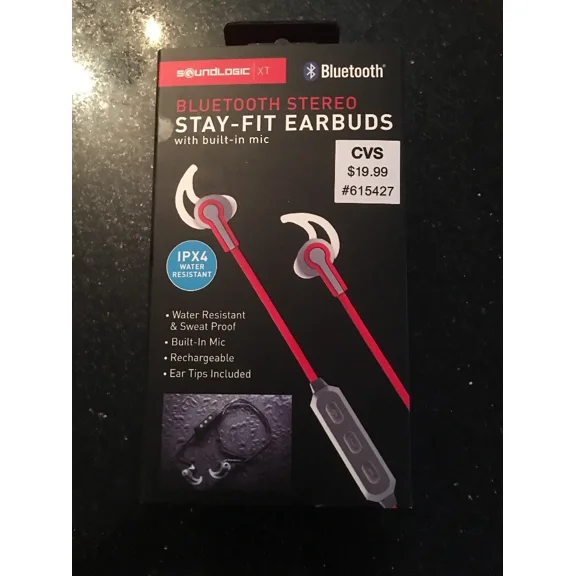 Soundlogic Xt Bluetooth Stereo Stay-Fit Earbuds With Mic Gray/Red Rc 2550 New