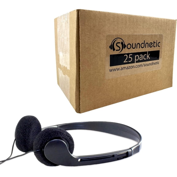 Soundnetic SN09 Bulk Headphones 25 Pack – Disposable Stereo Classroom Headphones, Black – Affordable for Schools, Testing, Libraries