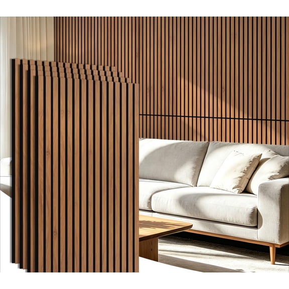 Soundproof Wood Slat Wall Panels Four Pack Noise Reduction Wooden Board Acoustic Fluted Wall Panels Interior Decor Accent For Living Room Bedroom Office Studio Walnut