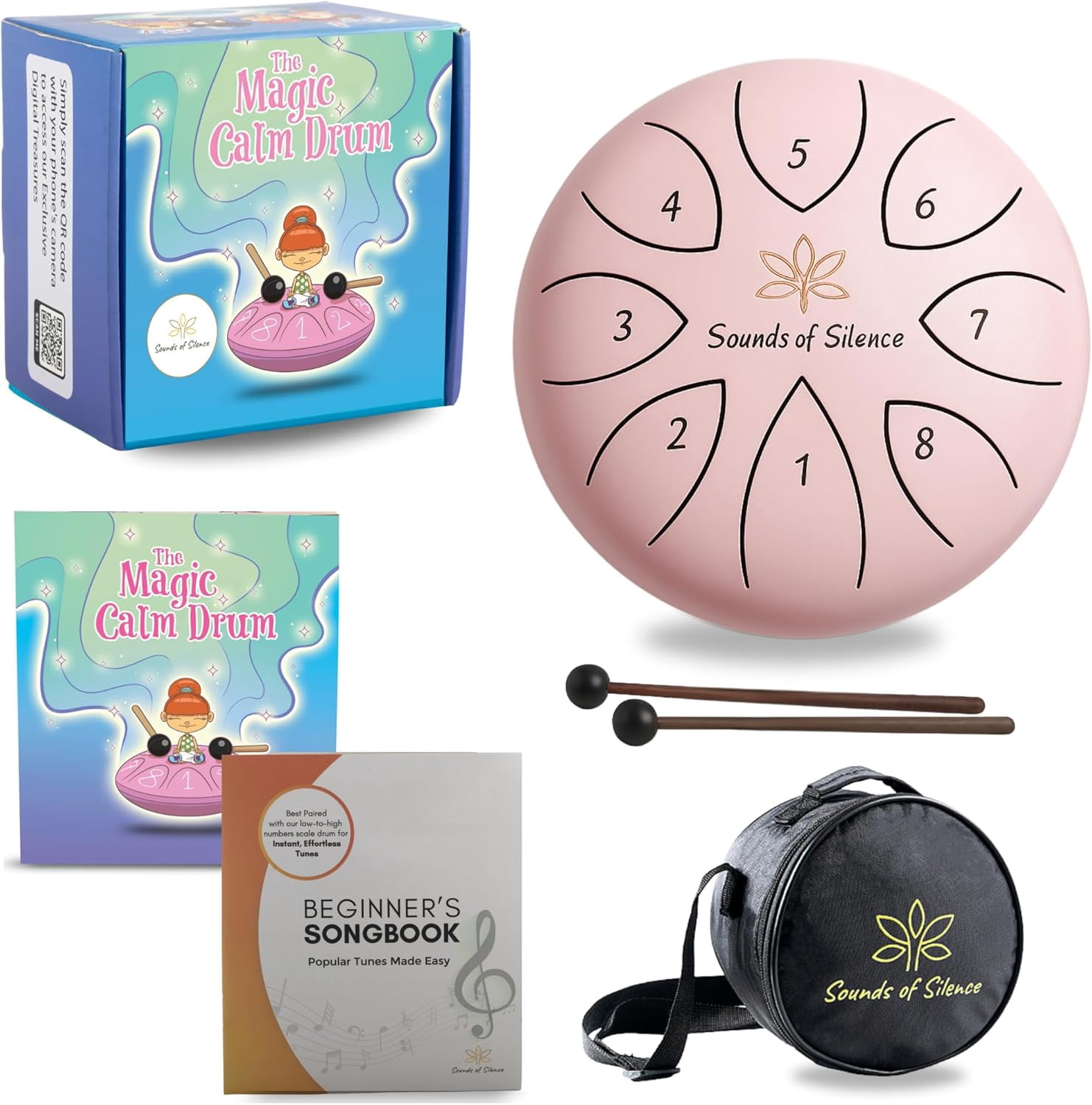 Sounds of Silence Steel Tongue Drum for Kids with Sing-Along Storybook, Mallets, and Carry Bag, 6 inch, 8 notes Pink