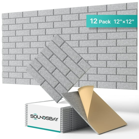 Soundsbay Acoustic Panels Sound Proofing Brick Self-Adhesive Soundproof Absorbing Noise Cancelling Wall Panels 12 Pack Gray 12'' x 12'' x 0.4''