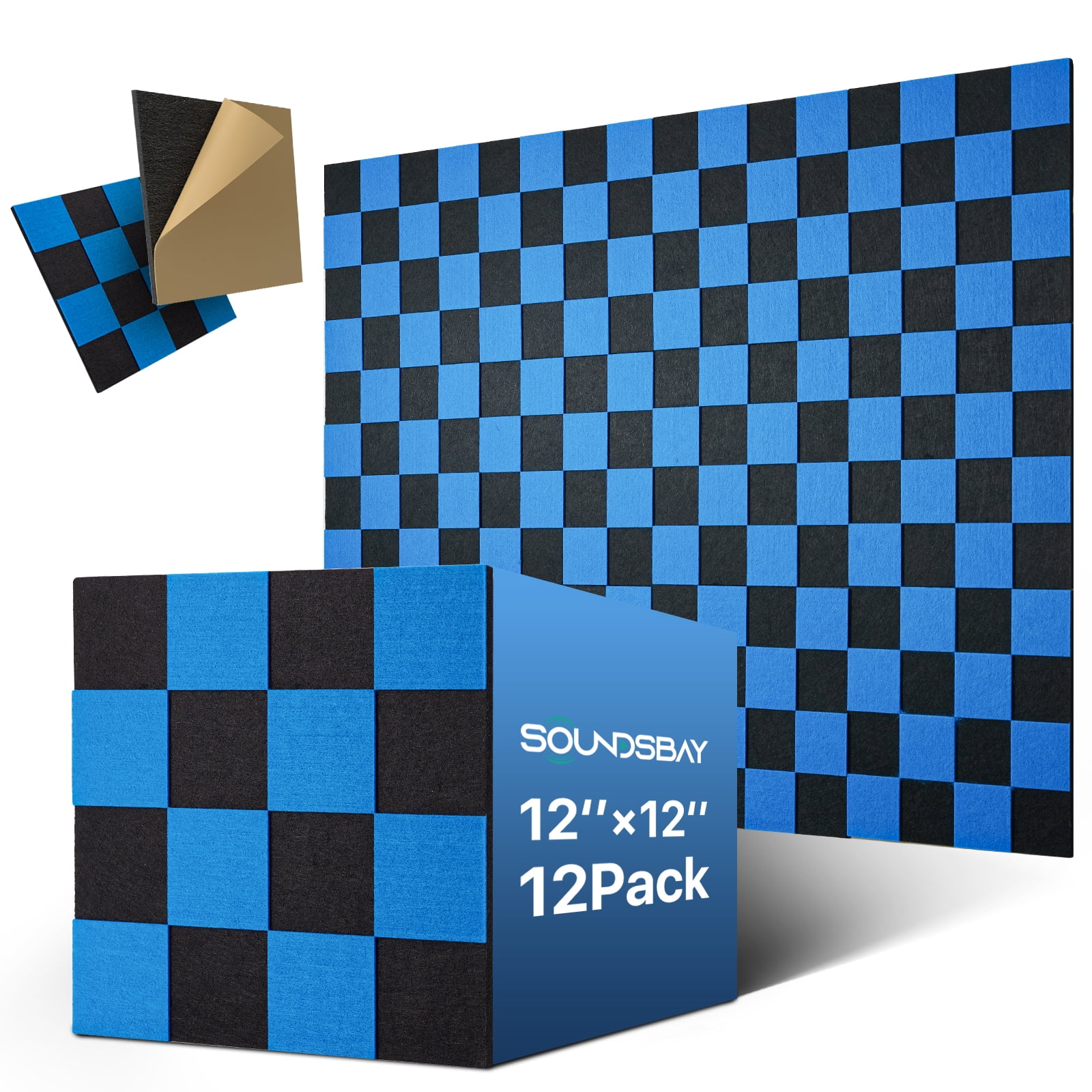 Soundsbay Soundproof Wall Panels, 12 Pack Sound Proof Foam Fanels for Walls Self-Adhesive, 12"×12"×0.4" Checker Board Blue+Black Decorative Acoustic Panels for Door, Ceiling, Home Office