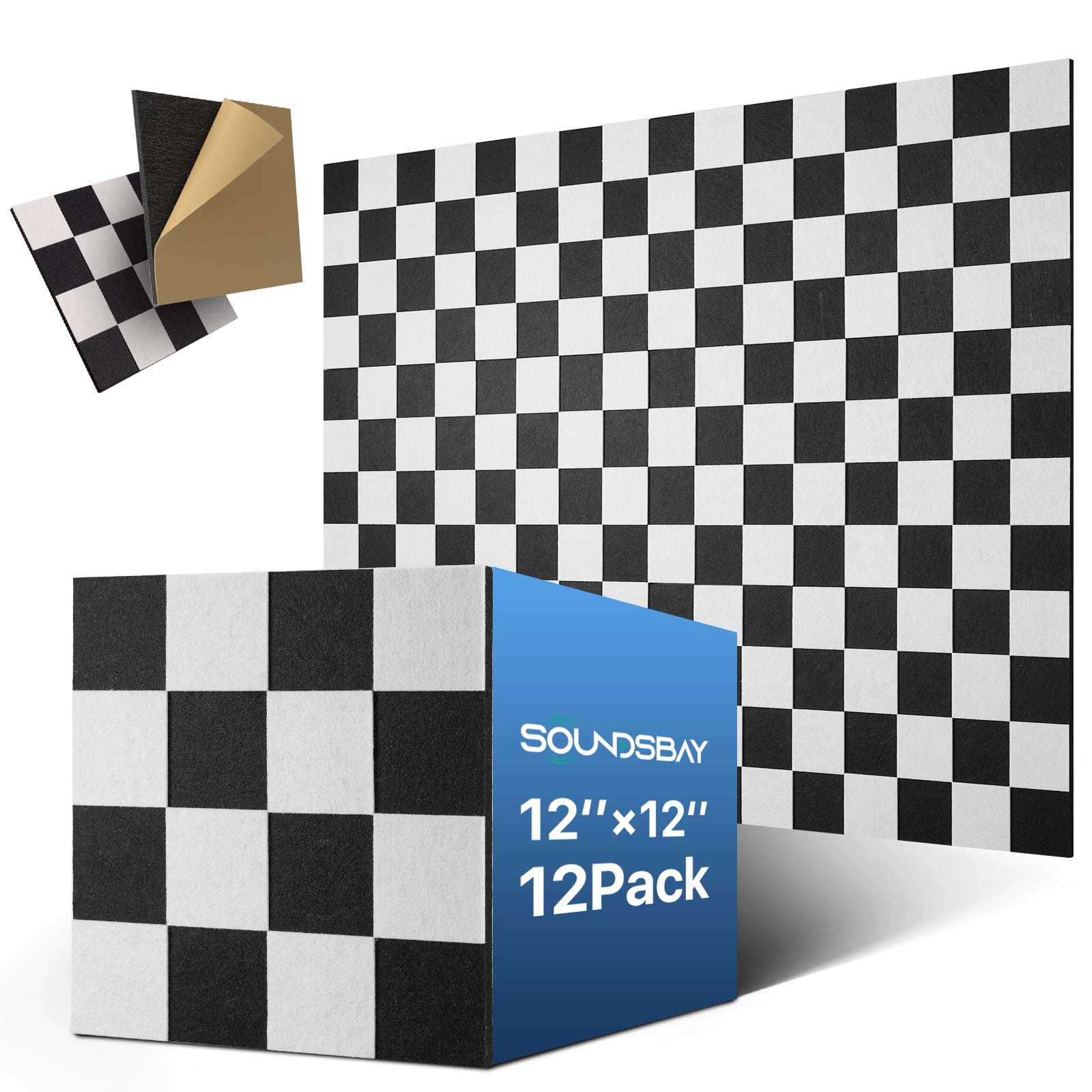 Soundsbay Soundproof Wall Panels, 12 Pack Sound Proof Foam Fanels for Walls Self-Adhesive, 12"×12"×0.4" Checker Board White+Black Decorative Acoustic Panels for Door, Ceiling, Home Office