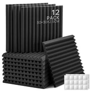 Sound Proof Foam Panels with Sticker, Wedge Acoustic Foam Panels Soundproof Absorbing Noise Cancelling Wall Panels 12 Pack Black 12 x 12 x 0.9