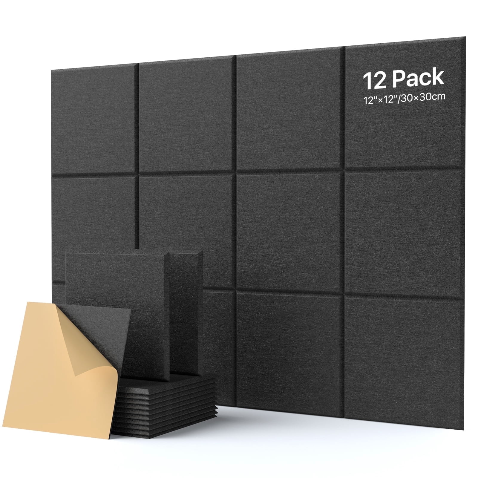 Soundsbay Soundproof Wall Panels Square Self-Adhesive Soundproof Absorbing Noise Cancelling Wall Panels 12 Pack Black 12'' x 12'' x 0.4''