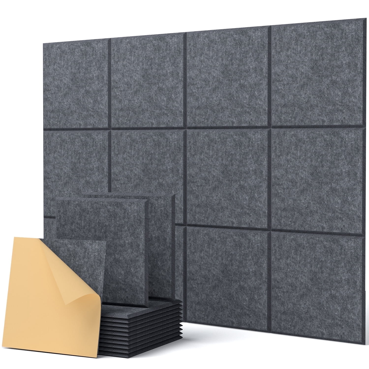 Soundsbay Soundproof Wall Panels Square Self-Adhesive Soundproof Absorbing Noise Cancelling Wall Panels 12 Pack Dark Gray 12'' x 12'' x 0.4''