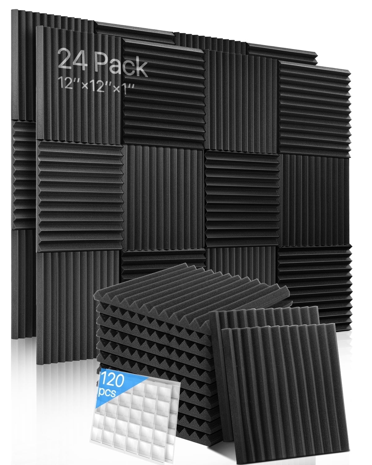 Sound Proof Foam Panels with Sticker, Wedge Acoustic Foam Panels Soundproof Absorbing Noise Cancelling Wall Panels 24 Pack Black 12'' x 12'' x 0.9''