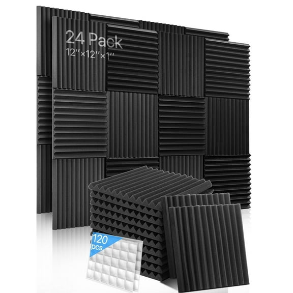 Sound Proof Foam Panels with Sticker, Wedge Acoustic Foam Panels Soundproof Absorbing Noise Cancelling Wall Panels 24 Pack Black 12'' x 12'' x 0.9''