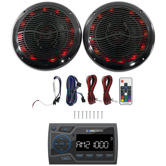 Soundstream MHU-32 Marine ATV/UTV Bluetooth Receiver+(2) Black 6.5" LED Speakers