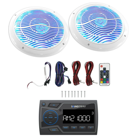 Soundstream MHU-32 Marine ATV/UTV Bluetooth Receiver+(2) White 6.5" LED Speakers