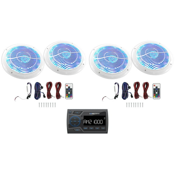 Soundstream MHU-32 Marine ATV/UTV Bluetooth Receiver+(4) White 6.5" LED Speakers