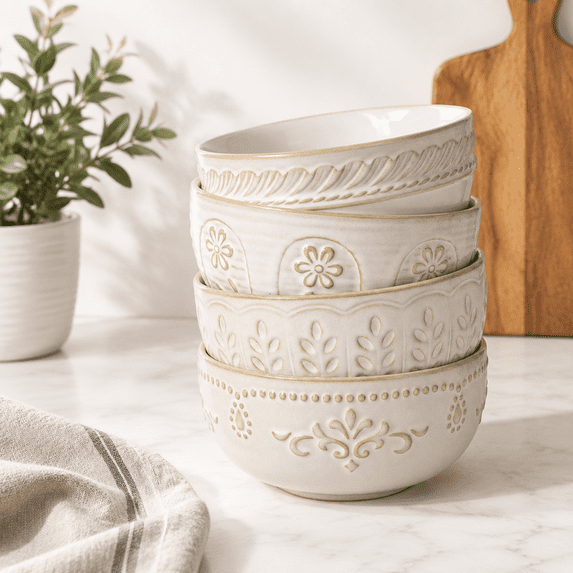 Soup 32 Oz Cereal Set Of 4 Embossment Ceramic Ramen Bowl 6.3 Inch White ...