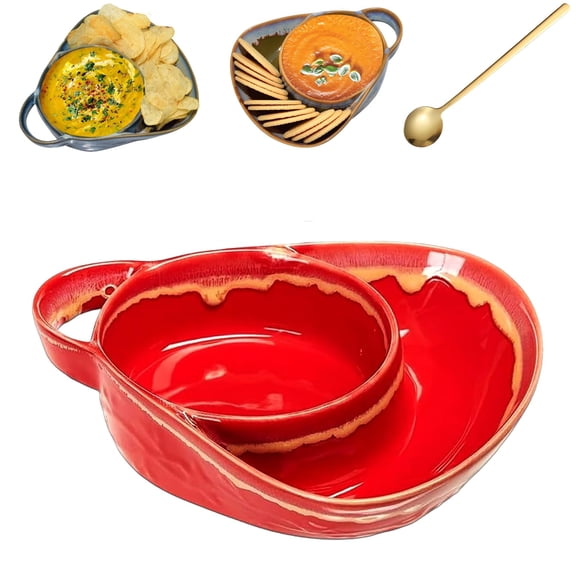 Soup And Side Bowl Plate Ceramic, Chip And Dip Divided Bowls,Retro style Soup Bowl With Cracker Holder,Heat-Resistant Fan Shape Ceramic Split Cereal.