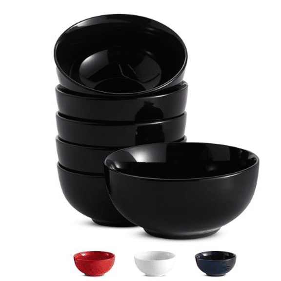 Soup Bowl, Cereal Bowl, Bowl Set, Ceramic Bowls, Set of 6, Microwave, Dishwasher and Freezer Safe, Chip Resistant, for Pasta, Salad, Oatmeal, Deep Interior, 24 Oz (Black, 6 Inch)
