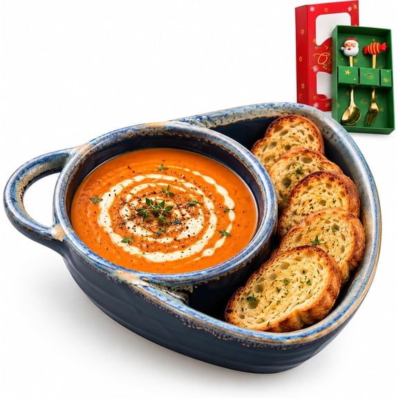 Soup Bowls With Bread Holder, Ceramic Divided Plate, Soup and Sandwich Plate Combo, Chip and Dip Bowl for Breakfast, Snacks, Bread, Cookies, Salad, Fruit and Appetizers