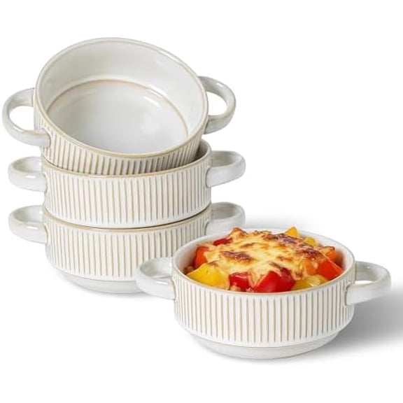 Soup Bowls with Handles, 24 Oz French Onion Soup Bowls Oven Safe, Ceramic Soup Crocks for Chili, Beef Stew, Pasta & Casseroles, 6 inch Stackable Embossed Bowls Set of 4, Dishwasher Safe