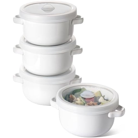 Soup Bowls With Handles 28 oz and Silicone Lids, French Onion Soup Bowl for Chili, Beef Stew, Cereal, Ceramic Soup Crocks oven Safe, Microwave Dishwasher Safe - 5.5 inch, Set of 4, White