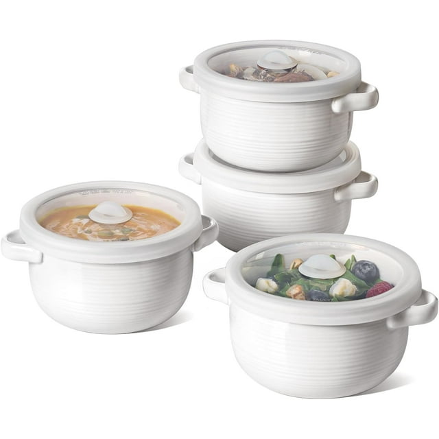 Soup Bowls with Handles and Silicone Lids, 28 oz Ceramic French Onion